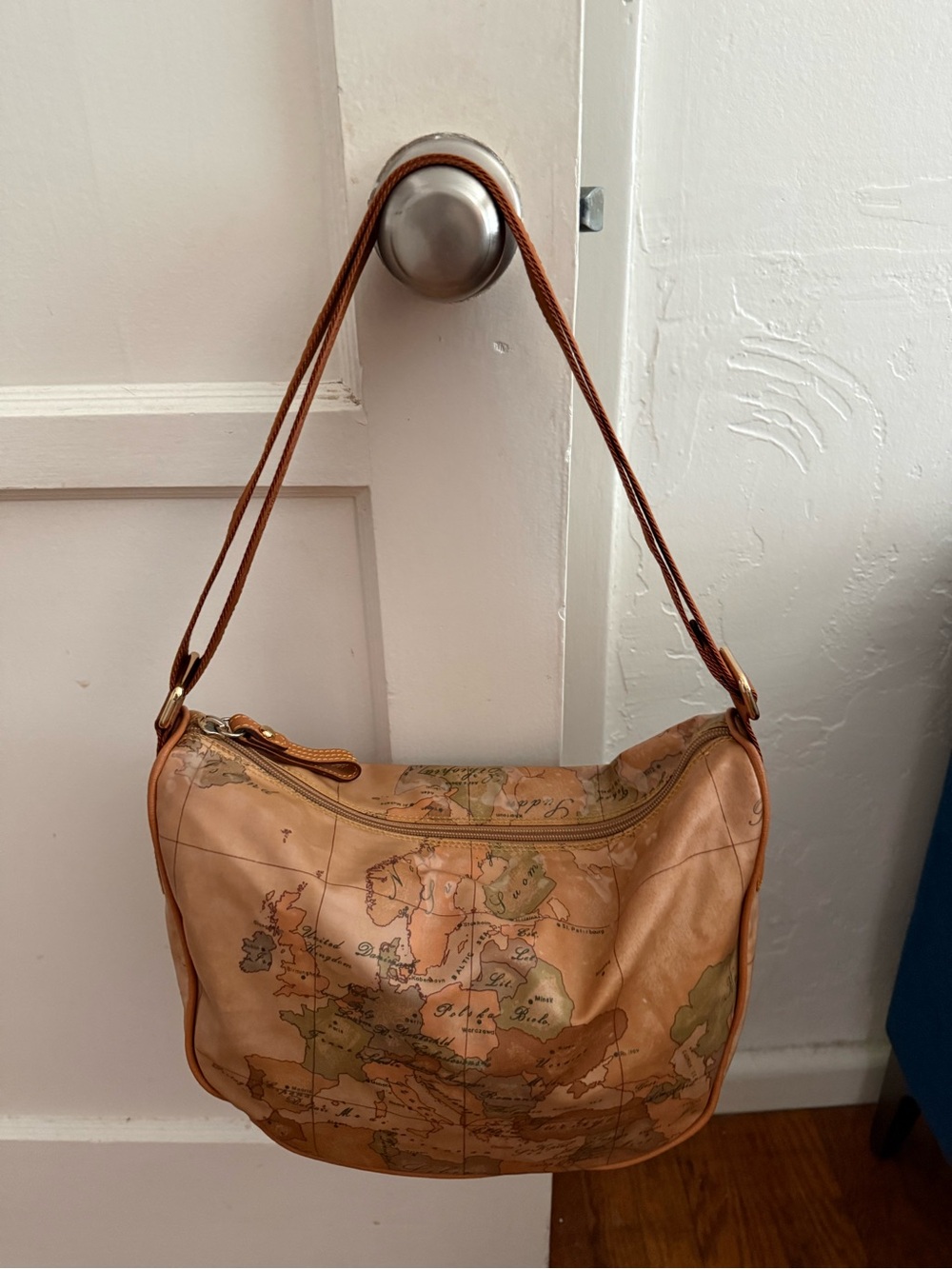 Alviero Martini Map-Print Leather Shoulder Bag - Tan & Green
